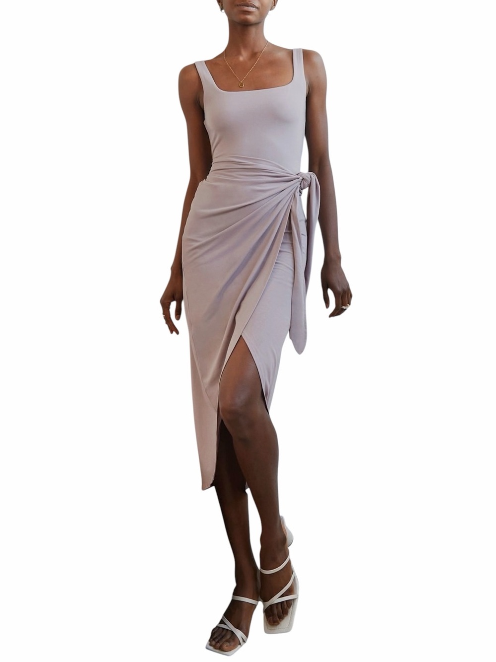 Aritzia Wilfred Saturn Midi Squareneck Wrap Tank Dress Grey Purple Sz M NWT